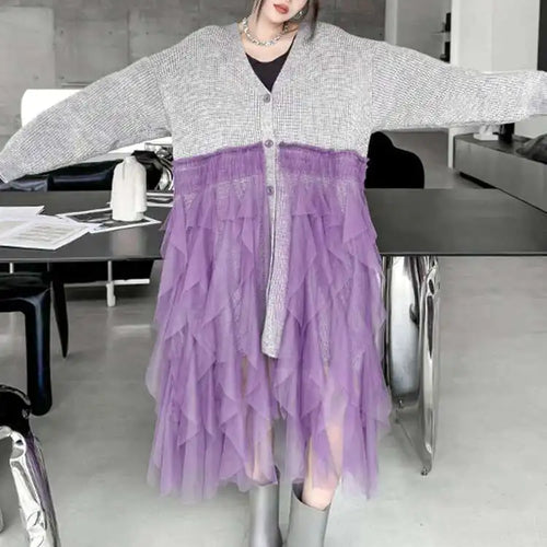 Load image into Gallery viewer, Women Black Big Size Knitting Mesh Irregular Sweater Dress New V-Neck Long Sleeve Fashion Spring Autumn 2025 1DH2366
