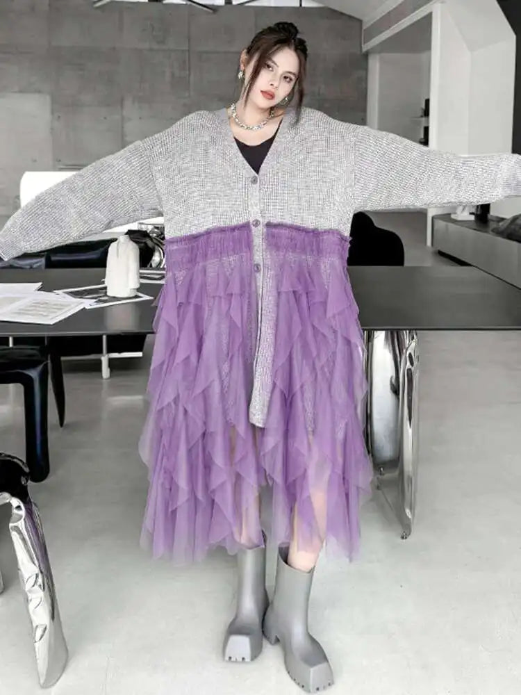 Women Black Big Size Knitting Mesh Irregular Sweater Dress New V-Neck Long Sleeve Fashion Spring Autumn 2025 1DH2366