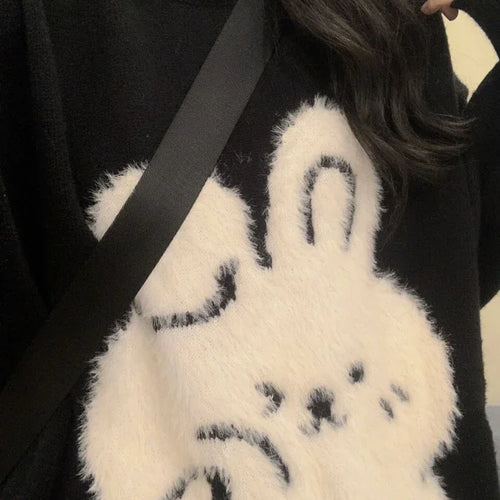 Load image into Gallery viewer, Japanese Cute Rabbit Jacquard Sweater Women Black Pullover Sueter Mujer Y2k Top Jumper Harajuku Knit   Tops
