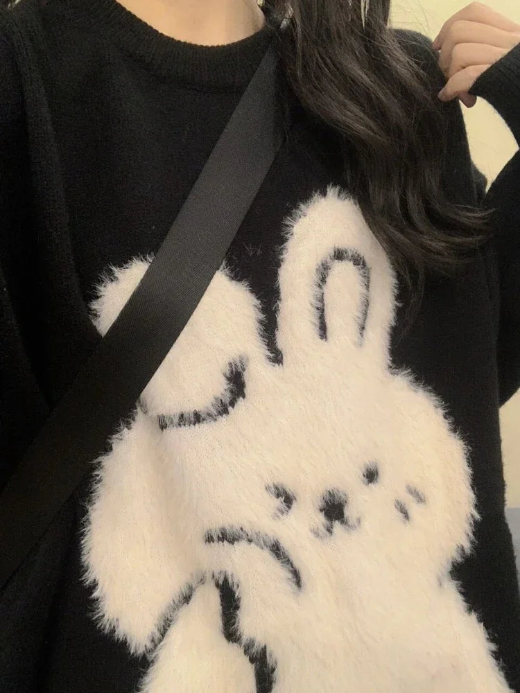 Japanese Cute Rabbit Jacquard Sweater Women Black Pullover Sueter Mujer Y2k Top Jumper Harajuku Knit   Tops