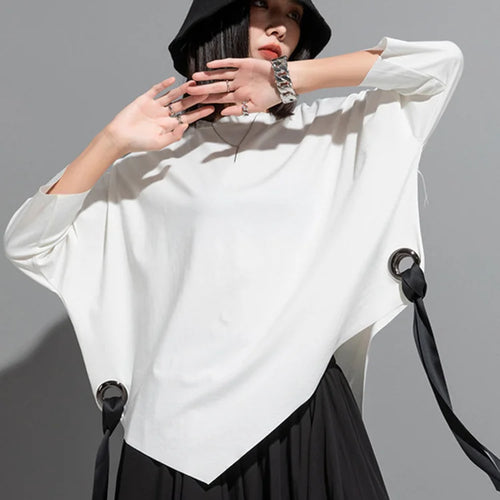 Load image into Gallery viewer, Women Black Ribbon Big Size T-shirt New Round Neck Three-quarter Batwing Sleeve Fashion Tide Spring Autumn 2025  1DF8422
