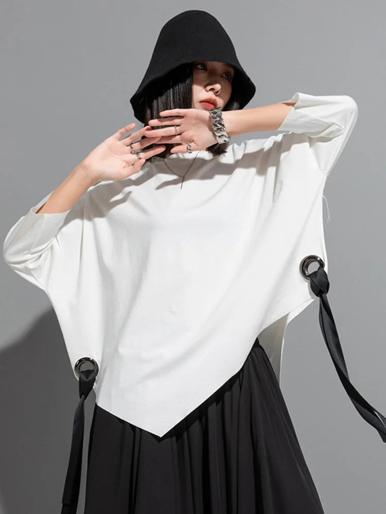 Women Black Ribbon Big Size T-shirt New Round Neck Three-quarter Batwing Sleeve Fashion Tide Spring Autumn 2025  1DF8422