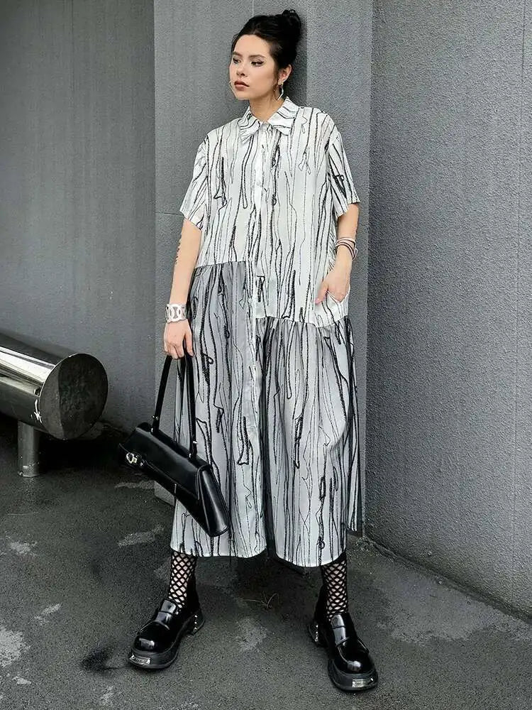 Women Black White Tie Dye Mesh Big Size Midi Shirt Dress New Lapel Short Sleeve Fashion Tide Spring Summer 2025 1DH5962