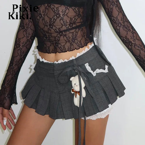 Load image into Gallery viewer, Lace Trim Low Waist Pleated Skirt Women Y2k Cutecore A-line Mini Skirts Kawaii Girls P33-DZ19
