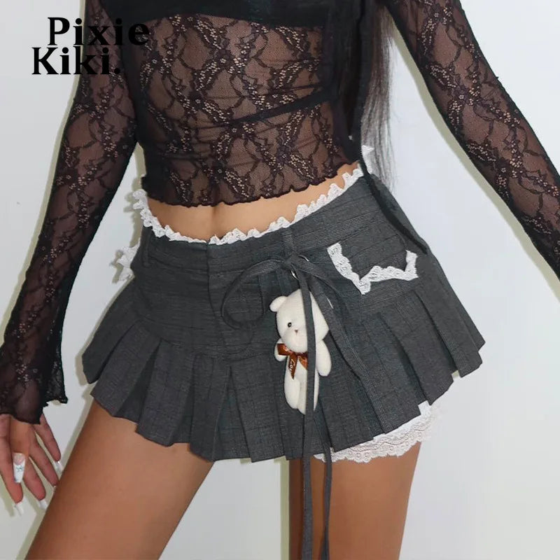 Lace Trim Low Waist Pleated Skirt Women Y2k Cutecore A-line Mini Skirts Kawaii Girls P33-DZ19