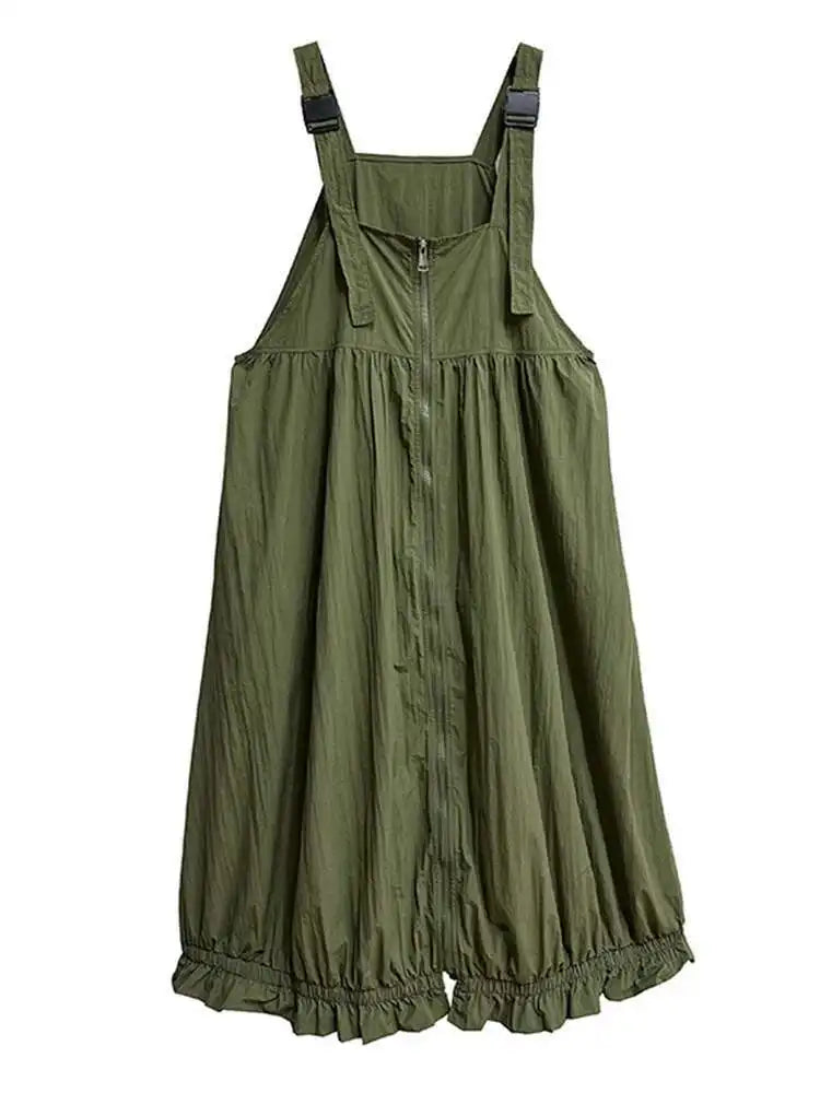 Women Green Pleated Pocket Big Size Strap Dress New Square Collar Sleeveless Fashion Tide Spring Autumn 2025 1DH6067