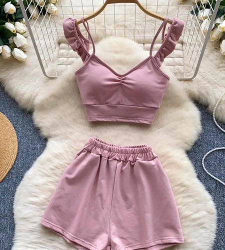 Women Summer Solid Sexy Sleeveless Ruffles Pleated Short Slip Tops And High Waisted Versatile Wide Leg Shorts Two Piece Suit New