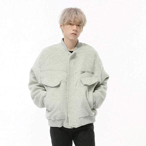 Load image into Gallery viewer, Korean Style Men&#39;s Woolen Jackets Round Collar Thick Zipper Patchwork Quilted Solid Color Casual Male Coats Simple 9C9216
