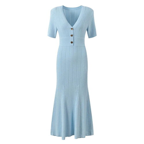 Load image into Gallery viewer, Fashion Women Solid V Neck Single Breasted Hollowed Out Knitted Dress Spring Summer Short Sleeves Festival Fishtail Long Dresses
