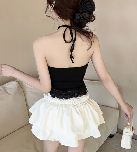 Fairy Coquette Top y2k Clothes Women Lace Bowknot Decor Tie-Up Halter Neck Sleeveless Ruffle Hem T Shirt Streetwear
