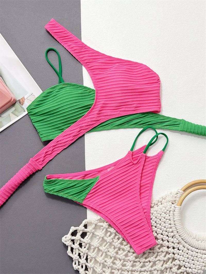 Asymmetric One Shoulder Bikini Set Female Patchwork Brazilian Swimsuit Women Swimwear Bandage Bathing Suit