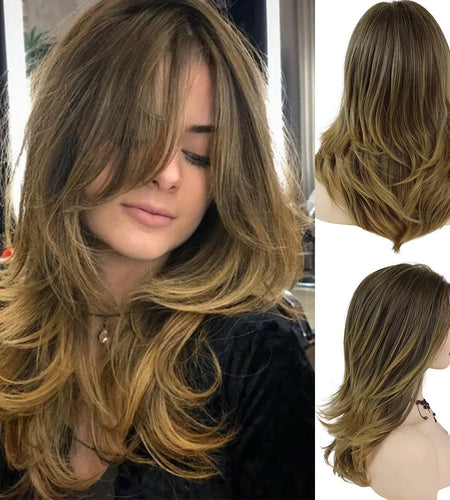 Synthetic Hair Wig  with Curtain Bangs Natural Pompadour Wigs for Women Ombre Brown Long Hair Layered Curly Wave Hair Topper Wig