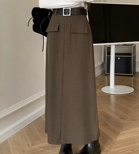 Fashion Black Belt Suit Long Skirt Women Y2k Spring Autumn Brown High Waist Skirts Female 2023 New Grey Casual Skirt Streetwear