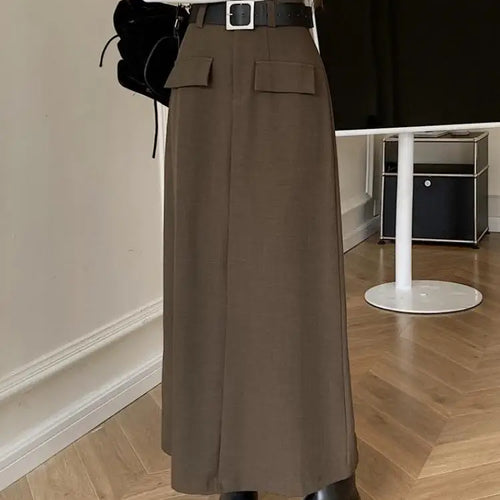 Load image into Gallery viewer, Fashion Black Belt Suit Long Skirt Women Y2k Spring Autumn Brown High Waist Skirts Female 2023 New Grey Casual Skirt Streetwear
