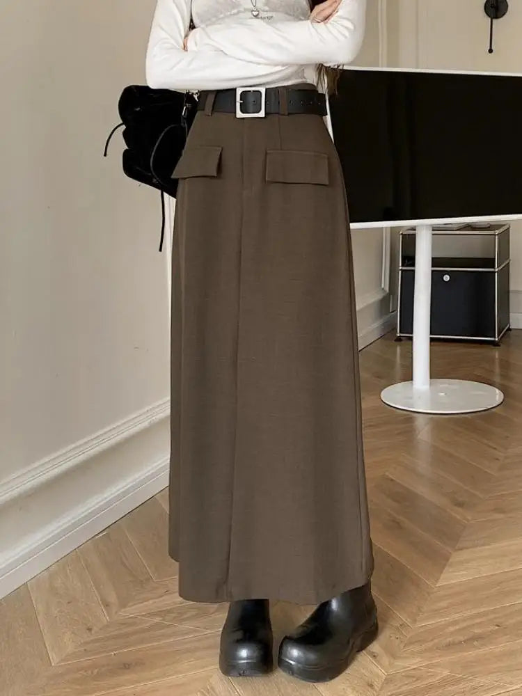 Fashion Black Belt Suit Long Skirt Women Y2k Spring Autumn Brown High Waist Skirts Female 2023 New Grey Casual Skirt Streetwear