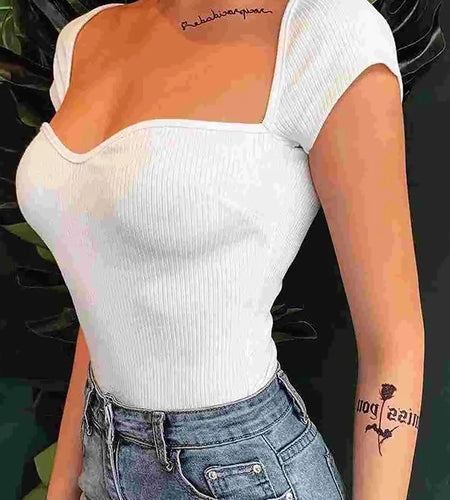 Summer Women's T-shirt Korean Style Slim Knitting Tee Tops Solid Color Short Sleeve Sexy T-shirt Female