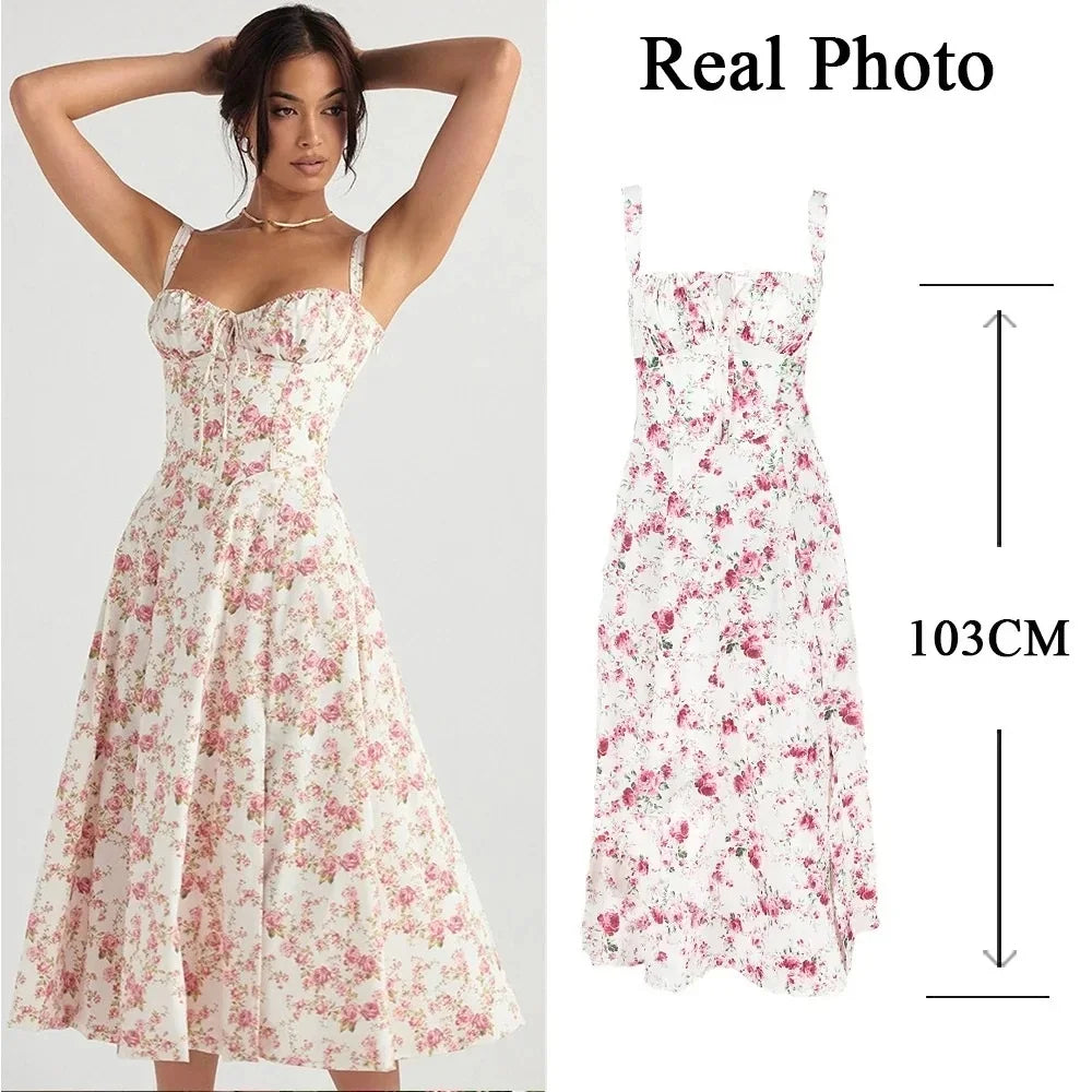 Spaghetti Strap Summer Dress 2024 Elegant Midi Yellow Floral Print Dress Slit Sexy Birthday Party Dresses Women