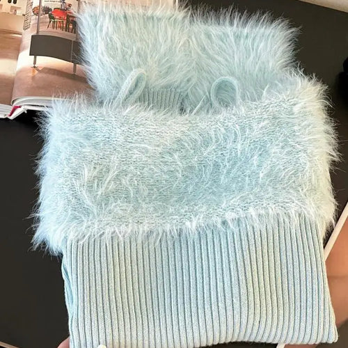 Load image into Gallery viewer, Autumn Winter Beige Blue Elegant Plush Neck Off Shoulder Short Knitted Sweater Korean Women's Brown Long Sleeved Pullover Tops
