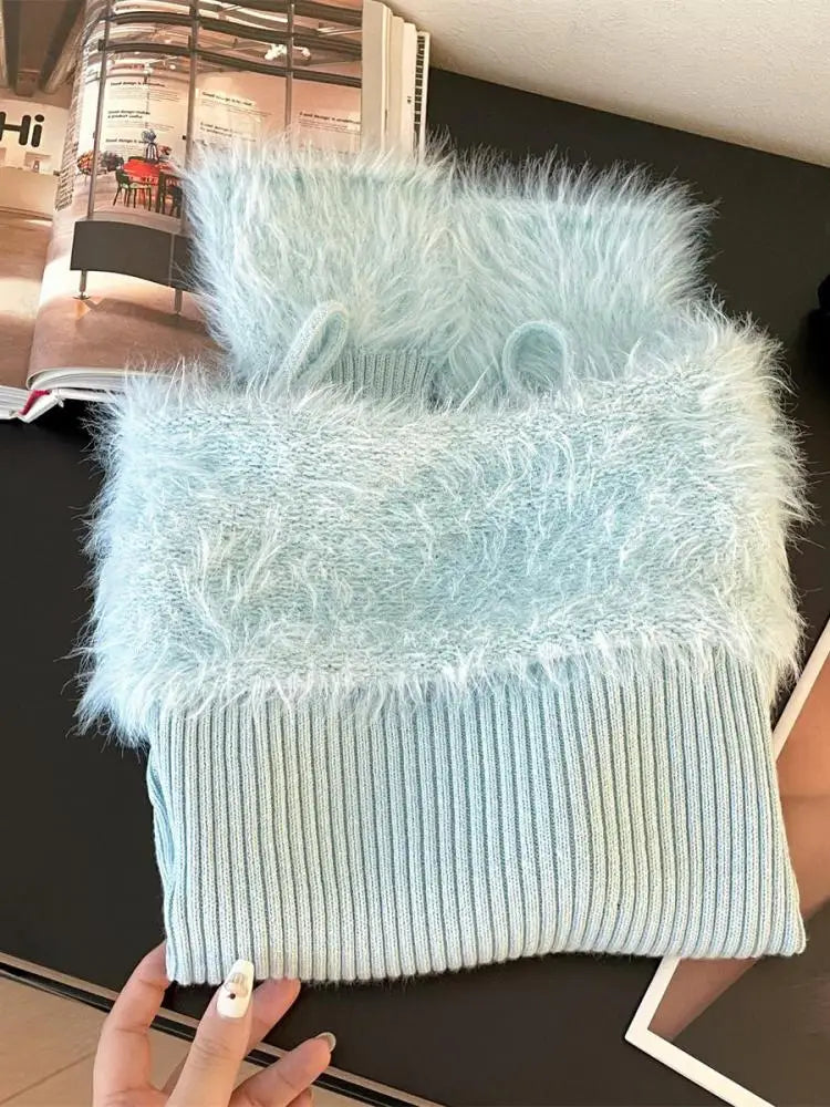 Autumn Winter Beige Blue Elegant Plush Neck Off Shoulder Short Knitted Sweater Korean Women's Brown Long Sleeved Pullover Tops