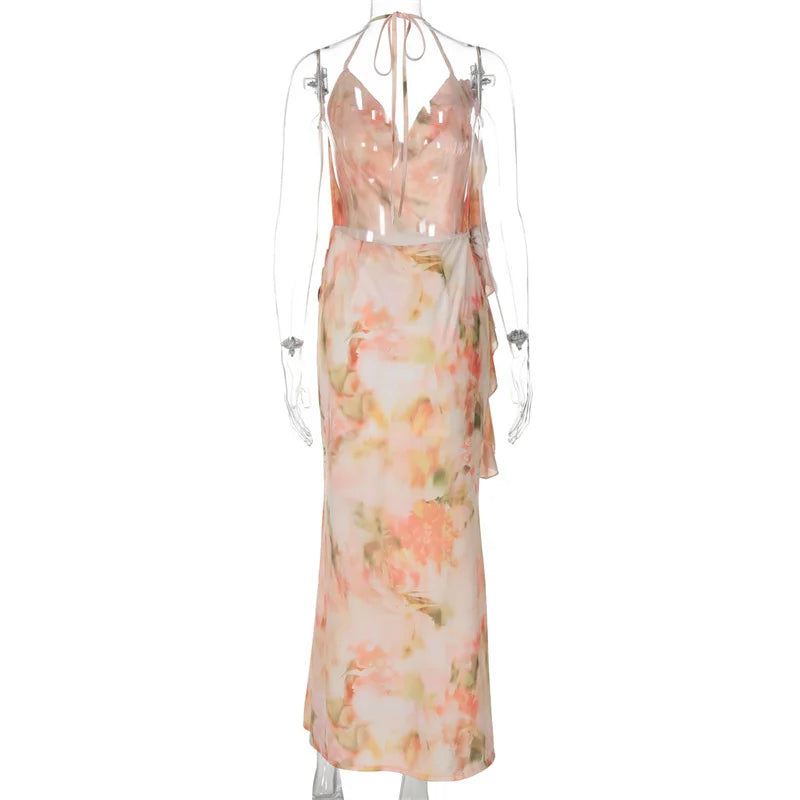 Halter Print Ruffle Sexy Maxi Dress Women Gown Summer New Fashion Sleeveless Backless Ruched Beach Club Party Dress