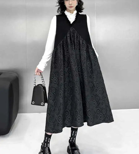 Women Black Pattern Textured Big Size Midi Vest Dress New V-Neck Sleeveless Fashion Tide Spring Autumn 2025 1DH8441
