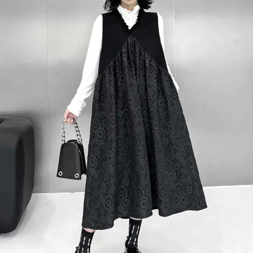Load image into Gallery viewer, Women Black Pattern Textured Big Size Midi Vest Dress New V-Neck Sleeveless Fashion Tide Spring Autumn 2025 1DH8441
