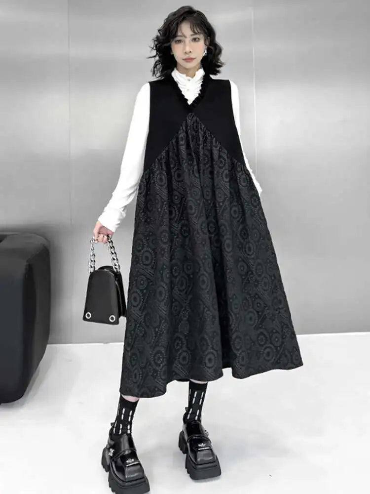 Women Black Pattern Textured Big Size Midi Vest Dress New V-Neck Sleeveless Fashion Tide Spring Autumn 2025 1DH8441