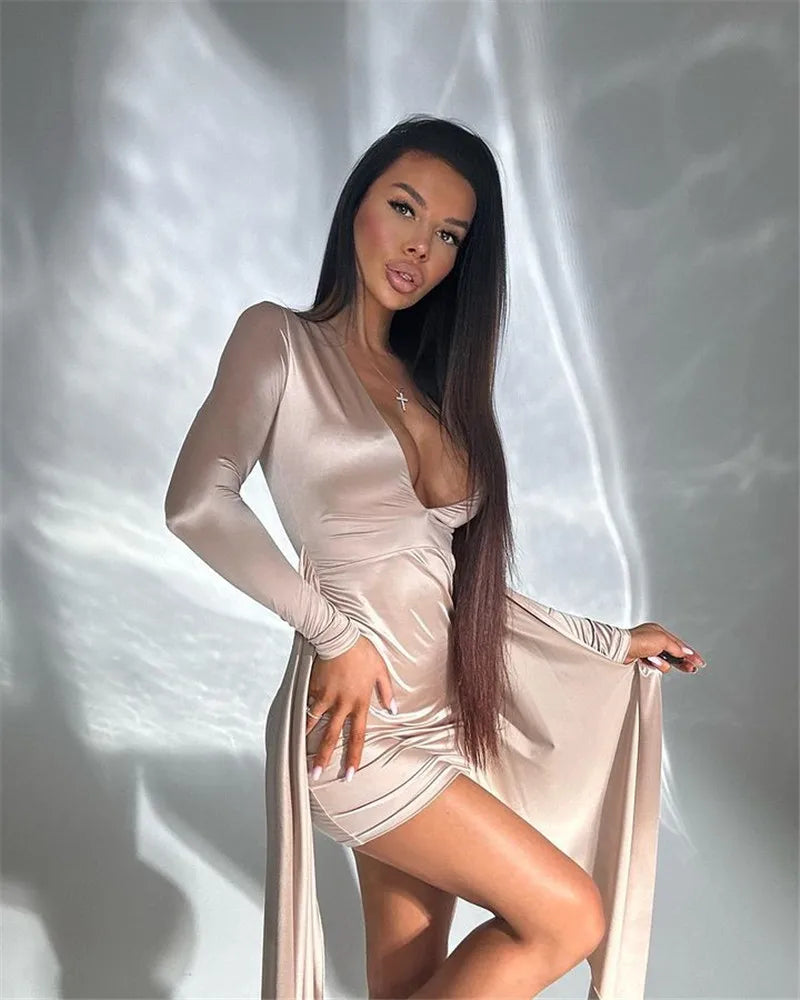 Irregular Sexy Mini Dress For Women Low Cut Long Sleeve Ruched Bodycon Dress Femme Elegant Club Party Sexy Dress New