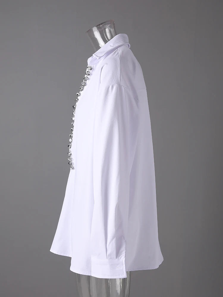 Women Black Rhinestones Big Size Elegant Blouse New V-neck Long Sleeve Shirt Fashion Tide Spring Autumn 2025 CPG3073