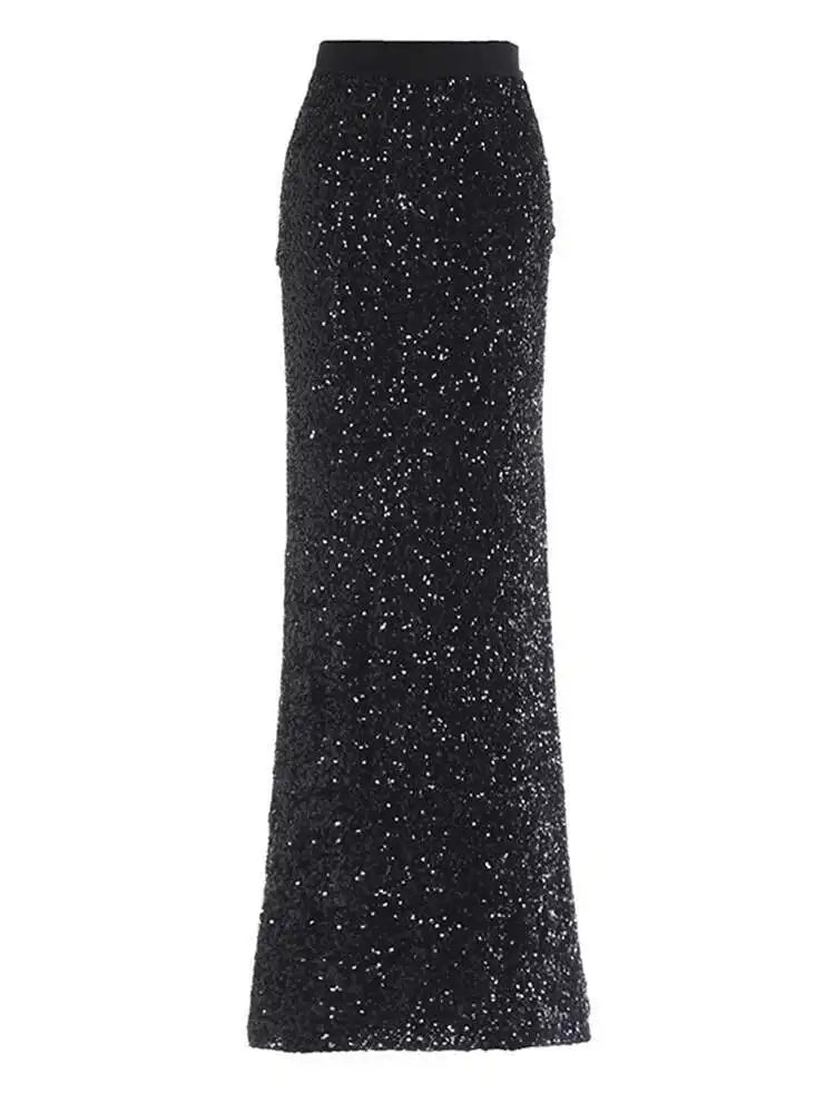 High Elastic Waist Khaki Sequins Elegant Long Party Half-body Skirt Women Fashion Tide New Spring Autumn 2025 1DH9406