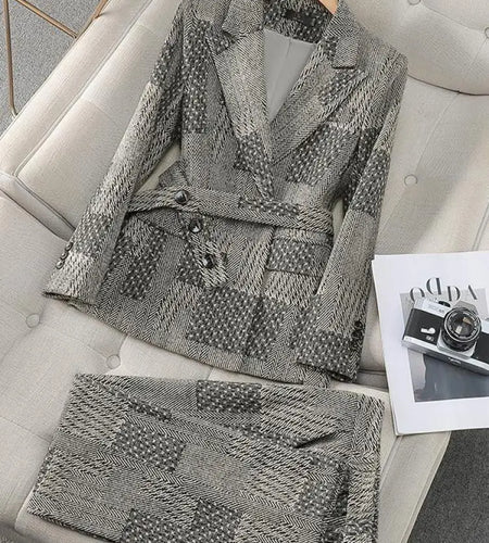 Autumn Winter Vintage Gray Patchwork 2024 Women Elegant Button Long Sleeve Blazer Coat + High Waist Pant Two Piece Set New Trend