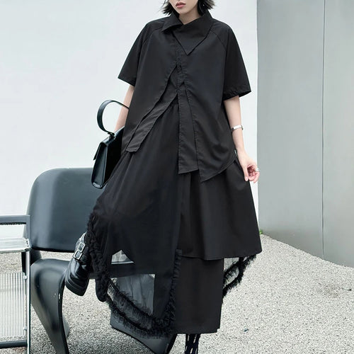 Load image into Gallery viewer, Big Size Black Irregular Shirt Mesh Pants Two Piece Suit New Lapel Short Sleeve Women Fashion Spring Summer 2025 1DJ1371
