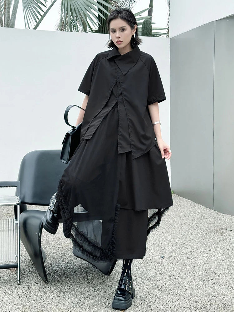 Big Size Black Irregular Shirt Mesh Pants Two Piece Suit New Lapel Short Sleeve Women Fashion Spring Summer 2025 1DJ1371