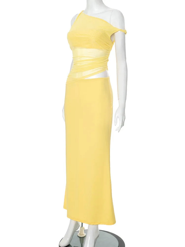 Diagonal Collar Backless Sexy Maxi Dress Women Gown Summer New Sleeveless Sheer Mesh Hollow Out Elegant Long Dress