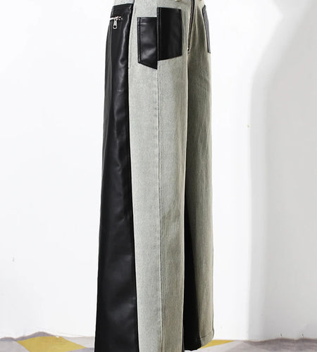 High Waist Black Color-block Leather Denim Long Wide Leg Jeans New Loose Women Trousers Fashion Spring Autumn 2025 1DH3903