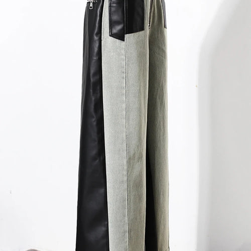 Load image into Gallery viewer, High Waist Black Color-block Leather Denim Long Wide Leg Jeans New Loose Women Trousers Fashion Spring Autumn 2025 1DH3903
