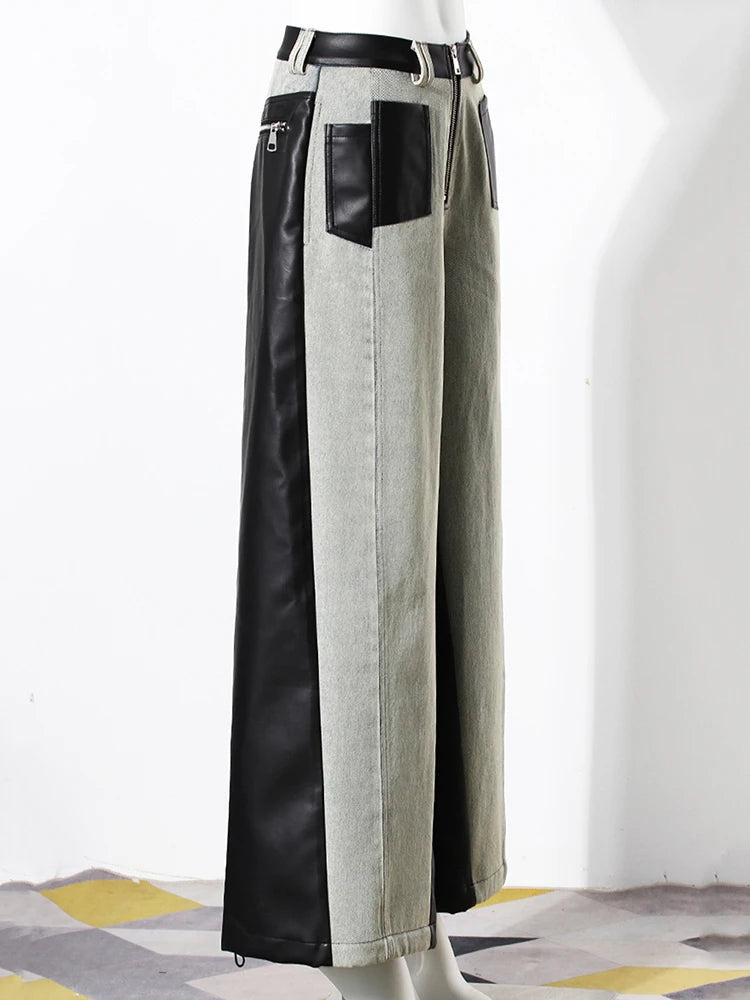 High Waist Black Color-block Leather Denim Long Wide Leg Jeans New Loose Women Trousers Fashion Spring Autumn 2025 1DH3903