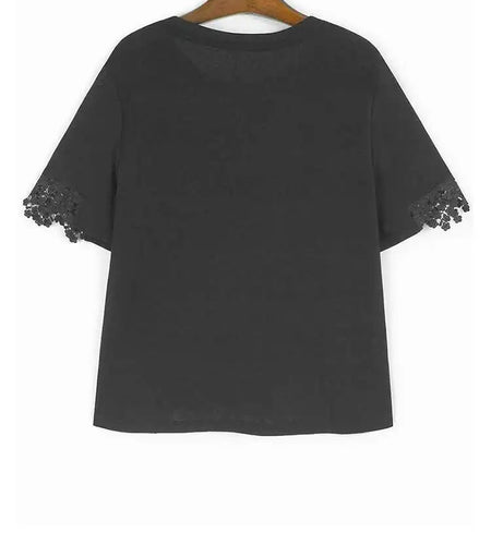 Women Black White Plain Color Lace Spliced T-shirt New Round Neck Short Sleeve Fashion Tide Spring Summer 2025 1DJ0709