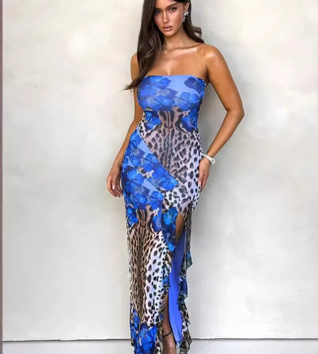 Sexy Strapless Ruffle Edge Slit Dress Women 2024 Summer New Strapless Printed Temperament Vestido Party Evening Dress