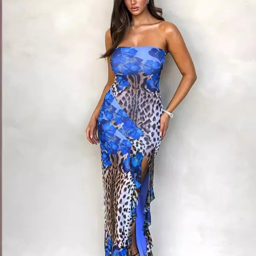 Load image into Gallery viewer, Sexy Strapless Ruffle Edge Slit Dress Women 2024 Summer New Strapless Printed Temperament Vestido Party Evening Dress
