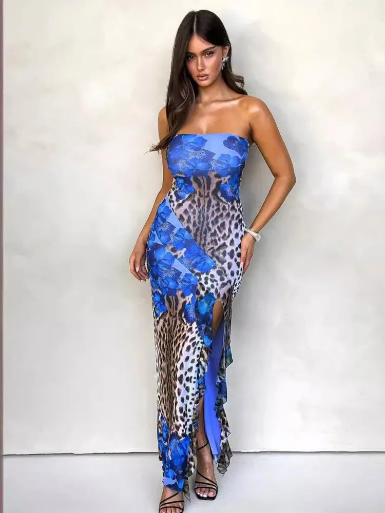 Sexy Strapless Ruffle Edge Slit Dress Women 2024 Summer New Strapless Printed Temperament Vestido Party Evening Dress