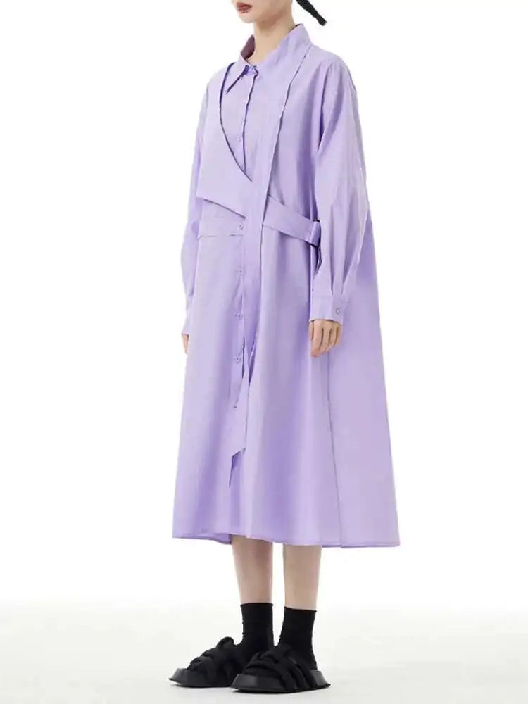 Women Purple Belted Big Size Irregular Midi Shirt Dress New Lapel Long Sleeve Fashion Tide Spring Autumn 2025 1DH5164