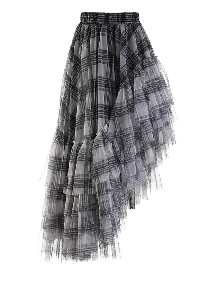High Elastic Waist Red Plaid Mesh Irregular Long Casual Half-body Skirt Women Fashion Tide New Spring Autumn 2025 1DF1247