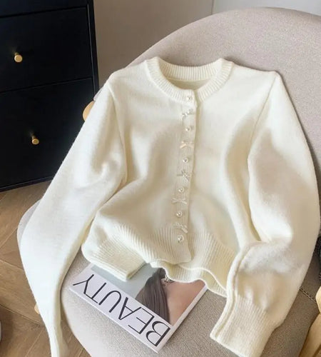 Autumn Winter Sweet Retro Red Bow Pearl Button Knit Cardigan Tops French Fashion Women White Single Breasted Long Sleeve Sweater