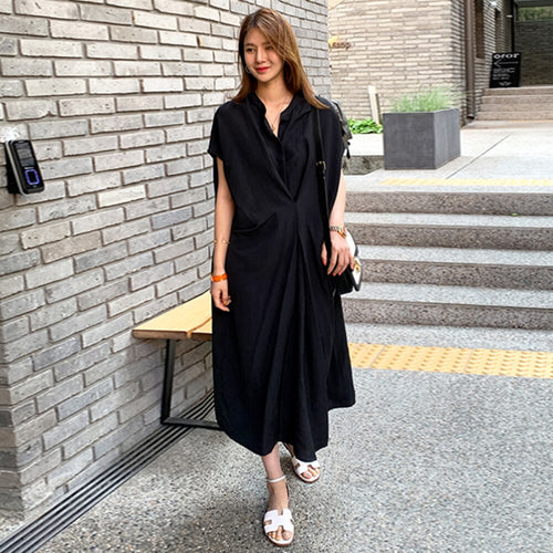 Load image into Gallery viewer, Fold Pleated Oversized Dress For Women Stand Collar Short Sleeve Loose Solid Midi Dresses Female Fashion Clothing
