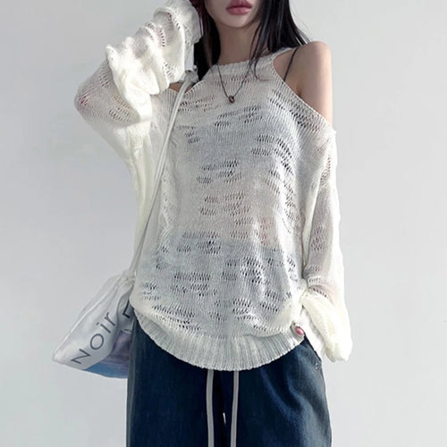 Load image into Gallery viewer, Grunge Ripped Women&#39;s Oversize Sweater Open Shoulder Knitted Pullover Hole Fashion Harajuku Autumn Knit Jumpers
