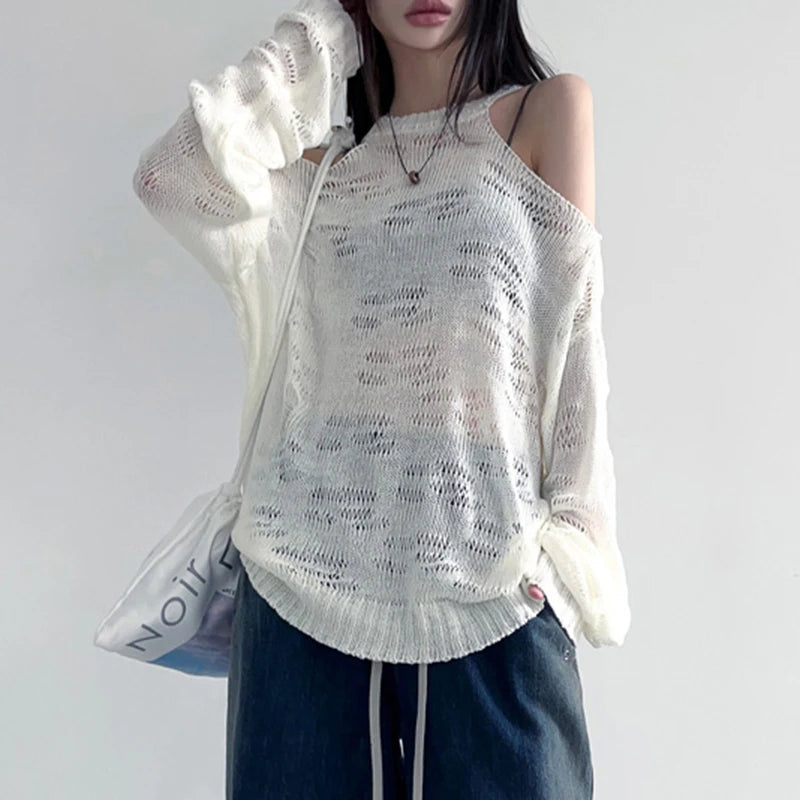 Grunge Ripped Women's Oversize Sweater Open Shoulder Knitted Pullover Hole Fashion Harajuku Autumn Knit Jumpers