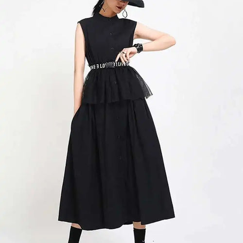 Load image into Gallery viewer, Women Khaki Split Pleated Long  Dress New Stand Collar Sleeveless Loose Fit Fashion Tide Spring Summer 2025 1Y353
