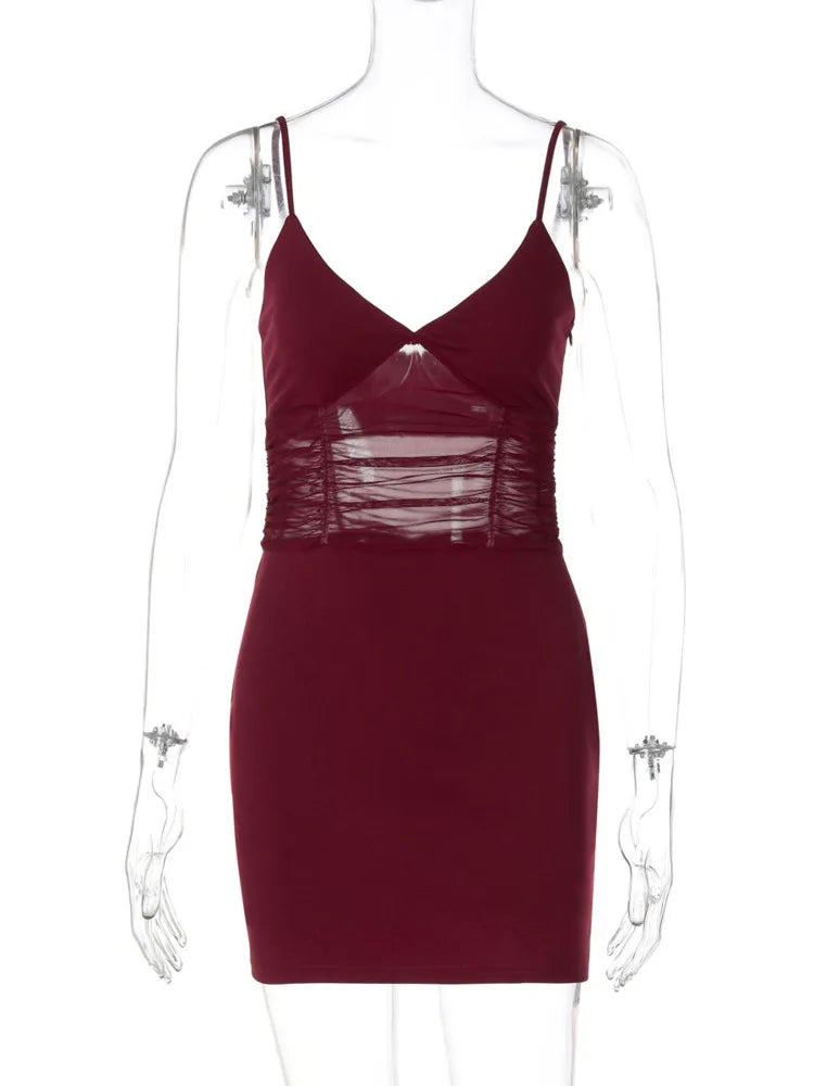 Mesh Hollow Out Backless Sexy Mini Dress Women Fashion Spaghetti Strap Sleeveless See Through Skinny Beach Party Dress
