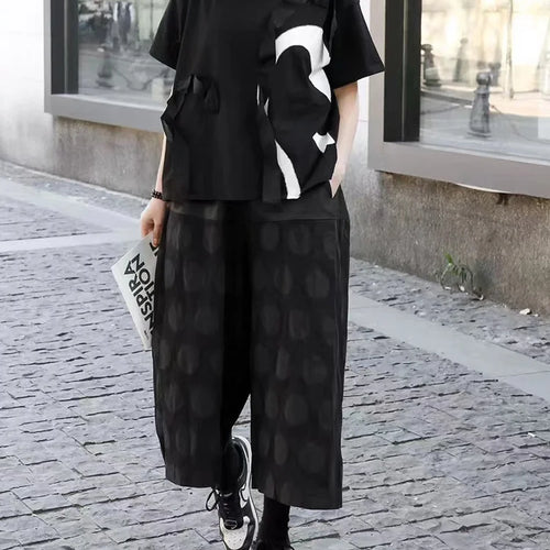 Load image into Gallery viewer, Women Black Ribbon Color-block Big Size Casual T-shirt New Round Neck Short Sleeve Fashion Tide Spring Summer 2025 1DJ0423
